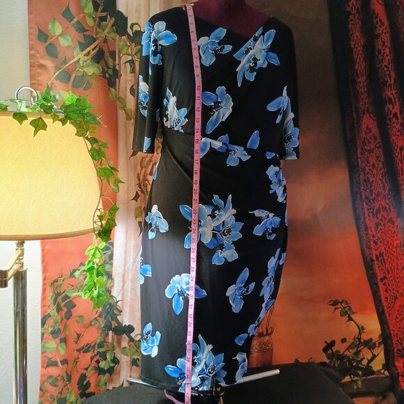 EUC: Connected Apparel Dress Sze 16 Black & Blue Floral Midi Dress - Picture 4 of 6